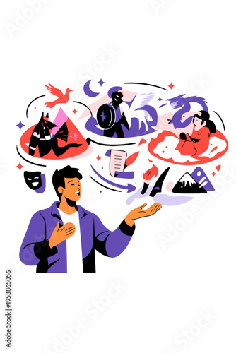 Holographic Storytelling Fusion. Global Storytelling. Person presenting floating holographic stories combining