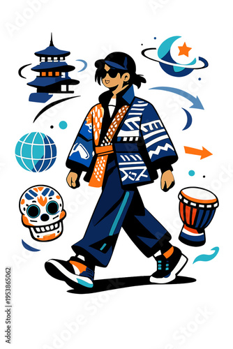 Futuristic Cultural Fashion. Cultural Fashion Mix. Person walking in a futuristic city wearing garments that