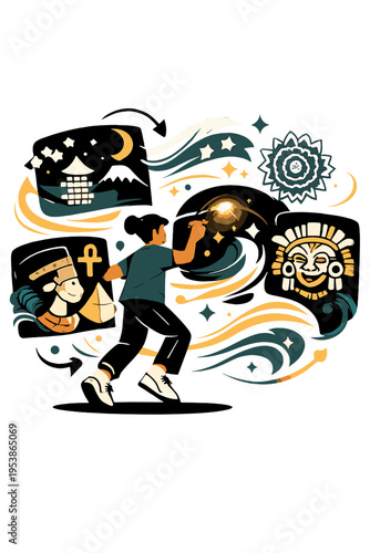 Cross-Cultural Murals. Artistic Fusion. Person creating floating digital murals blending motifs from multiple