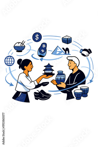 Global Trade Harmony. Global Market Fusion. Person exchanging floating goods from different cultures, glowing