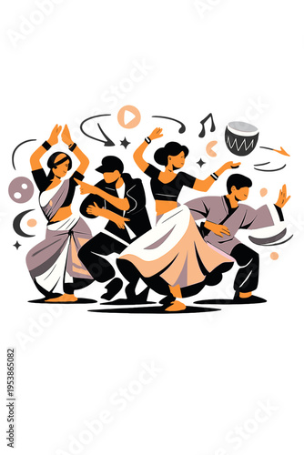 Cultural Dance Fusion. Fusion Dance Rituals. People performing synchronized dance moves blending cultural