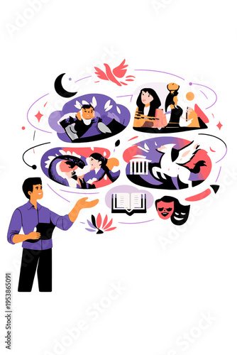 Multicultural Holographic Storytelling. Global Storytelling. Person presenting floating holographic stories