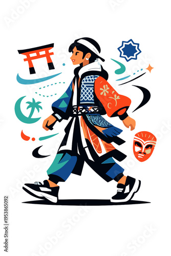 Futuristic Cultural Fashion. Cultural Fashion Mix. Person walking in a futuristic city wearing garments that