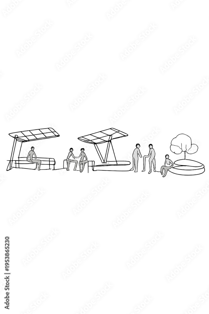 Obraz premium Minimalist Urban Hub. Community hubs. Minimalistic one-line drawing open urban spaces with solar canopies and