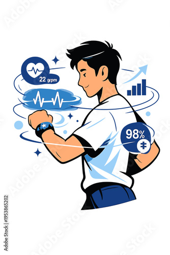 Futuristic Heart Monitoring. Wearable ECG Tracking. Person with floating wrist device displaying glowing ECG