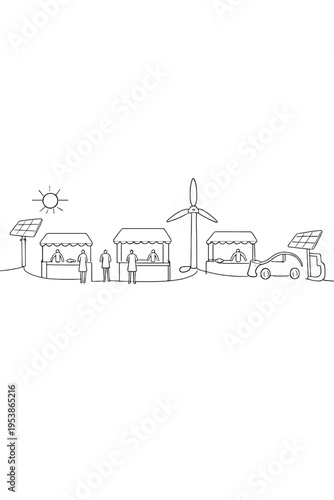 Minimalist Solar Market. Solar marketplaces. Minimalistic one-line drawing open-air community markets powered