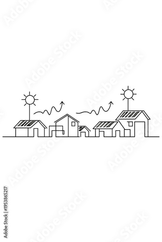 Sustainable Homes Illustration. Energy-positive neighborhoods. Minimalistic one-line drawing homes generating