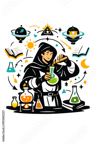 Neo-Medieval Alchemy Fusion. Neo-Medieval Alchemy. Person experimenting with glowing flasks and abstract
