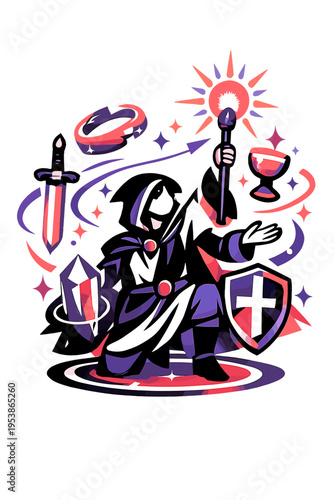 Futuristic Medieval Ritual. Neo-Medieval Rituals. Person performing glowing ceremonial actions with floating