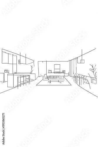 Minimalist Open-Plan Design. Open-plan interior. Minimalistic one-line drawing a spacious room with bare