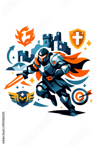 Futuristic Knight. Neo-Medieval. Person wearing futuristic armor with glowing abstract heraldic symbols