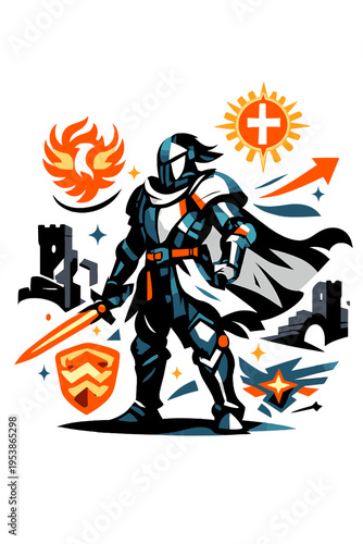 Futuristic Heraldic Warrior. Neo-Medieval. Person wearing futuristic armor with glowing abstract heraldic