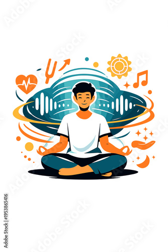 Futuristic Sonic Meditation. Sonic Healing Technologies. Person meditating with floating holographic sound