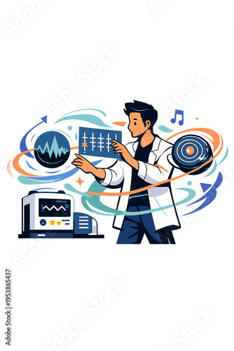 Futuristic Healing Technology. Resonance Therapy Device. Person controlling floating holographic sound