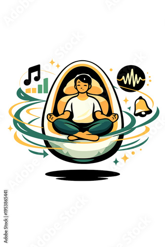 Futuristic Therapy Pod. Vibrational Therapy Pod. Person seated in floating pod with glowing abstract sound