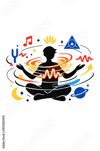 Sonic Energy Healing. Sonic Energy Healing. Person emitting floating glowing sound waves, abstract harmonic
