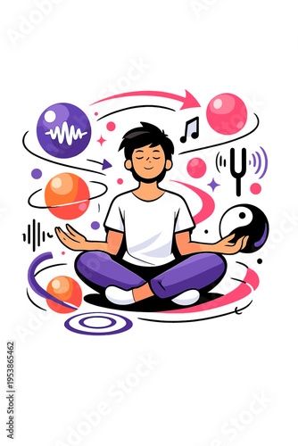 Immersive Sonic Therapy. Healing Soundscapes. Person immersed in floating glowing sound spheres, orbiting