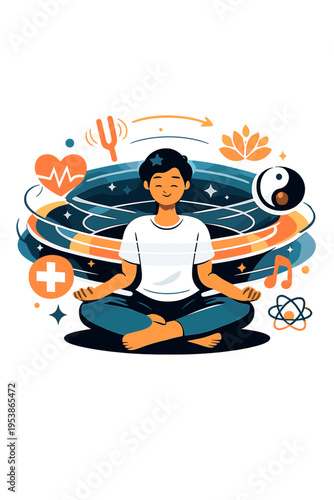 Futuristic Sonic Meditation. Sonic Healing Technologies. Person meditating with floating holographic sound