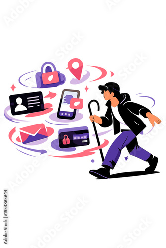 Digital Data Herding. Personal Data Shepherd. Person herding floating holographic personal data with glowing