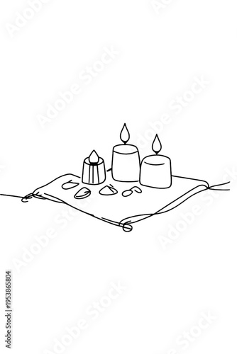 Minimalist Nomadic Altar. Nomadic altar. Minimalistic one-line drawing a small portable altar with candles and