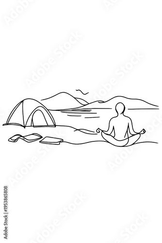 Meditative Lake Retreat. Digital detox retreat. Minimalistic one-line drawing a person meditating near a lake