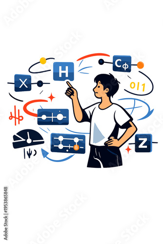 Quantum Learning Dynamics. Quantum Algorithm Workshop. Person pointing at floating holographic quantum gates