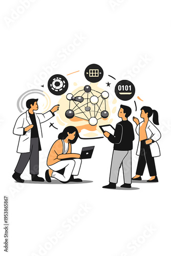 Quantum Lab Collaboration. Quantum Research Hub. People analyzing floating holographic qubit networks with