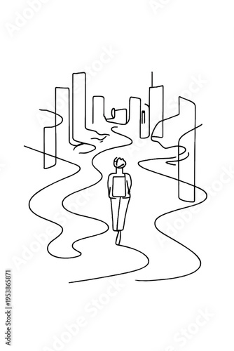 Urban Wanderer Silhouette. Psychogeography of cities. Minimalistic one-line drawing a person walking through