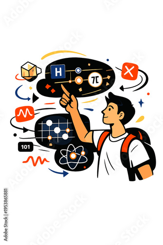 Quantum Learning Scene. Quantum Algorithm Workshop. Person pointing at floating holographic quantum gates and