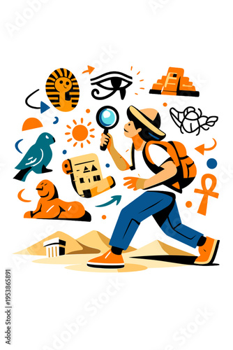 Exploring Glowing Hieroglyphs. Ancient Civilizations. Person exploring floating glowing hieroglyphs and