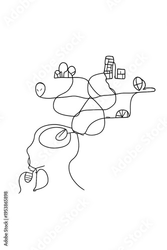 Minimalist Mental Mapping. Mental mapping. Minimalistic one-line drawing a figure imagining paths and nodes