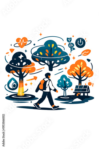 Futuristic Eco-Blend. Synthetic Nature. Person walking among floating glowing synthetic trees with orbiting