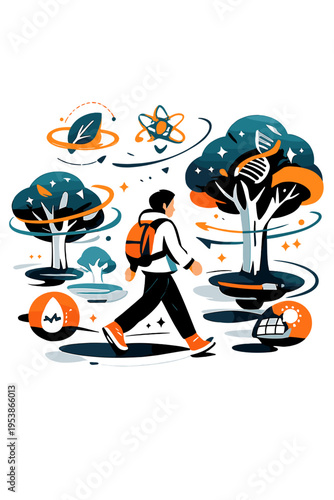 Futuristic Synthetic Forest. Synthetic Nature. Person walking among floating glowing synthetic trees with