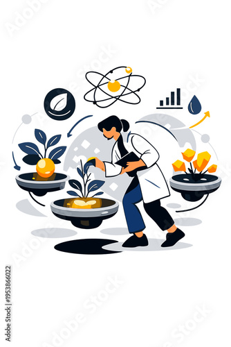 Futuristic Bio-Garden. Bio-Engineered Garden. Person tending floating glowing hybrid plants with abstract