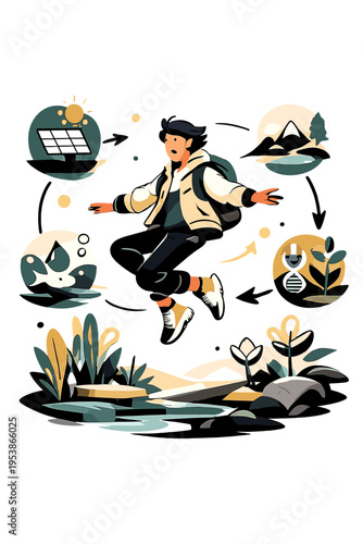 Futuristic Biome Fusion. Hybrid Biome Exploration. Person floating among glowing synthetic plants and orbiting