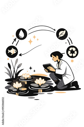 Synthetic Wetlands Monitor. Synthetic Wetlands. Person monitoring floating glowing bio-engineered plants and