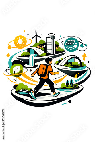 Harmony in Floating Forms. Organic Architecture. Person exploring floating glowing curved structures with