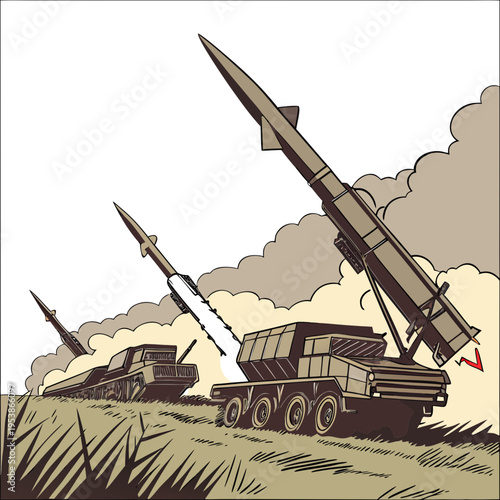 Military missile launchers firing rockets into the sky