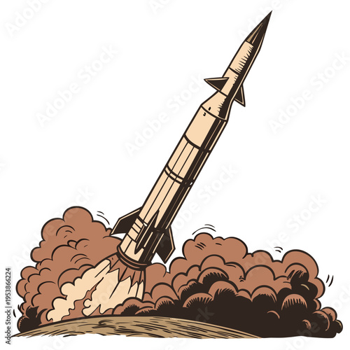 Cartoon rocket taking off launch smoke explosion