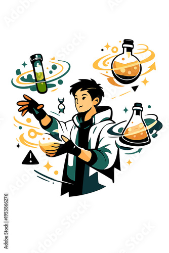 Cyber-Elixir Creation. Cyber-Elixir Workshop. Person creating floating glowing potions with orbiting abstract