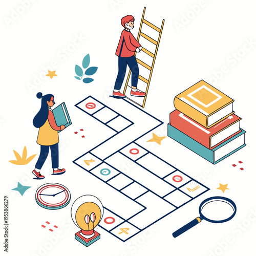 Colorful of students learning with books and game board