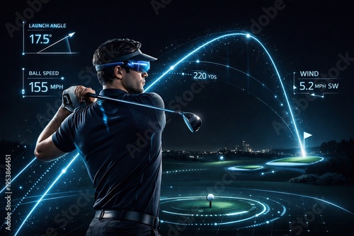 Golfer wearing vr headset plays golf with virtual reality technology at night