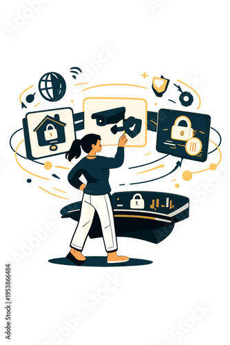 Futuristic IoT Security Management. IoT Security Hub. Person managing floating glowing smart home security