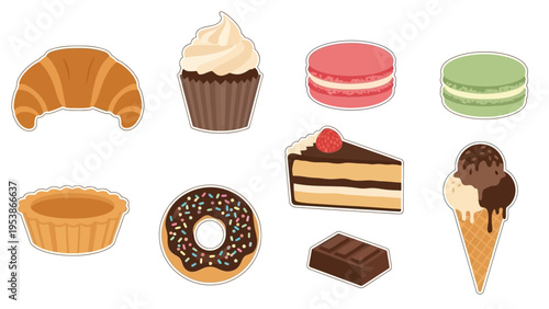 Assorted Desserts Collection: Croissant, Cupcake, Macarons, Cake, Donut, Ice Cream
