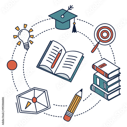 Education with books graduation cap and learning symbols