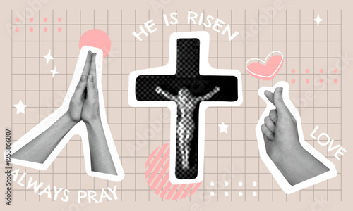 Christian Halftone Collage with folded in prayer hands, christian cross, text, Korean finger heart and abstract elements. Vector christian background.