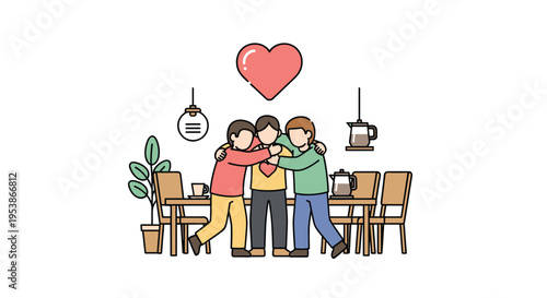 Three cartoon male figures embrace around a dining table with coffee pots, under a red heart and a hanging lamp.