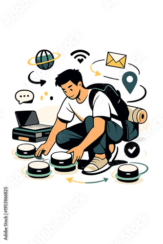 Futuristic Connectivity Setup. Wireless Connectivity Kit. Person setting up floating glowing hotspot devices