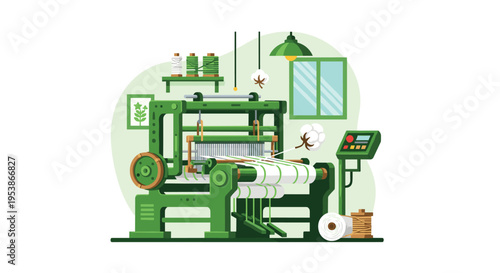 A large green weaving loom machine processes white fabric, surrounded by spools of thread and cotton bolls in an industrial setting.