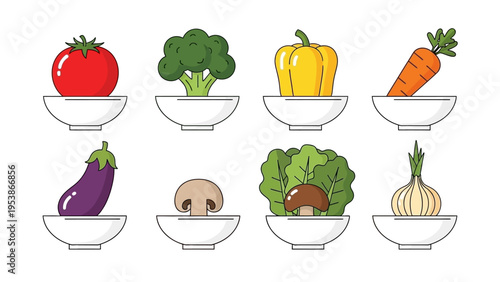 Assortment of Fresh Vegetables in White Bowls, Healthy Food Illustration